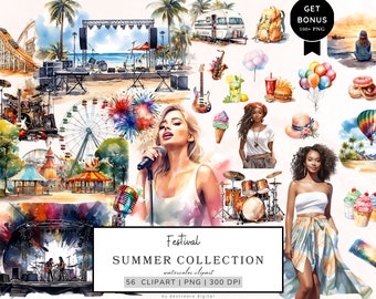 Clipart de verano en acuarela, clipart de festival, clipart de viajes, clipart de playa, parque de atracciones, concierto de música PNG, carnaval, descarga digital