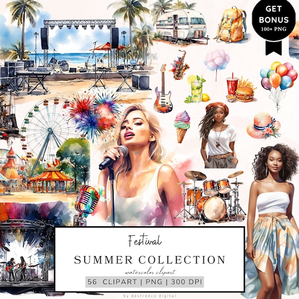 Watercolor Summer Clipart, Festival Clipart, Travel Clipart, Beach Clipart, Amusement Park, Music Concert Png, Carnival, Digital Download