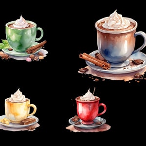 Pu&ograve; includere: Quattro illustrazioni ad acquerello di tazze di cioccolata calda con panna montata. Ogni tazza &egrave; di un colore diverso: verde, blu, giallo e rosso. Ogni tazza &egrave; su un piattino con un assortimento diverso di condimenti, tra cui bastoncini di cannella, pezzi di cioccolato e caramelle.