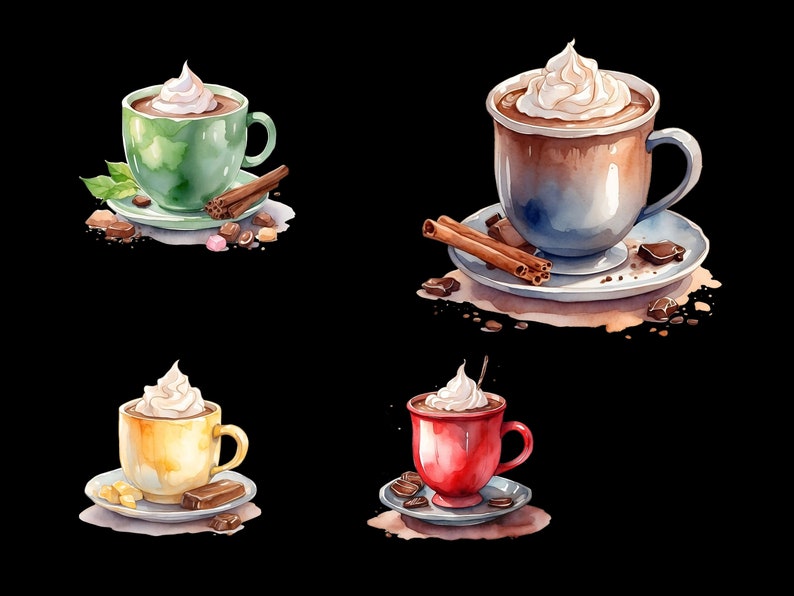 Pu&ograve; includere: Quattro illustrazioni ad acquerello di tazze di cioccolata calda con panna montata. Ogni tazza &egrave; di un colore diverso: verde, blu, giallo e rosso. Ogni tazza &egrave; su un piattino con un assortimento diverso di condimenti, tra cui bastoncini di cannella, pezzi di cioccolato e caramelle.