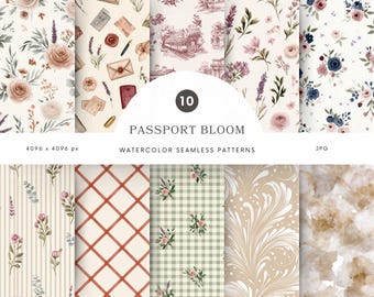 Patrones de viaje en acuarela sin costuras, papel digital floral vintage, fondo de álbum de recortes estilo cottagecore JPG - P60