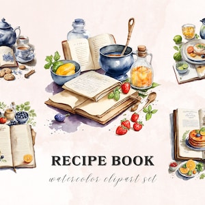 May include: Watercolor clipart set of recipe books with various food and drink illustrations. The set includes a teapot, teacups, fruit, berries, a bowl of soup, a bottle of juice, a plate of pancakes, and a plate of breakfast food. The books are open and have blank pages for writing recipes.