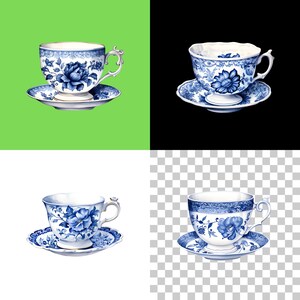 May include: A set of four blue and white porcelain teacups and saucers with floral designs. The cups and saucers are arranged in a grid pattern on a green, black, and white background.