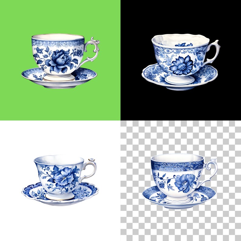 May include: A set of four blue and white porcelain teacups and saucers with floral designs. The cups and saucers are arranged in a grid pattern on a green, black, and white background.