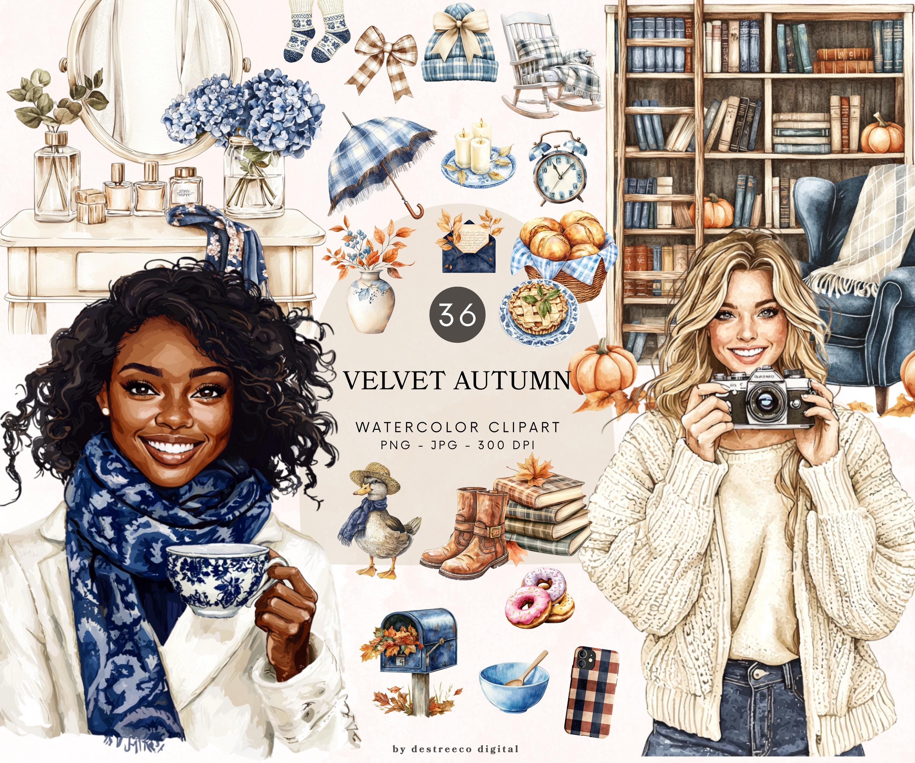 Watercolor Velvet Autumn Clipart, Elegant Autumn Clipart, Cozy Fall Aesthetics Png, Autumn Clipart Set, Fall Graphics, Digital Download