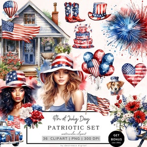 Lot de cliparts 4 juillet, clipart Amérique, clipart fille américaine, célébrer, drapeau américain, cottagecore, floral, fête de l'indépendance Png