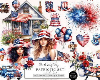 4th of July Clipart Bundle, America Clipart, American Girl Clipart, Celebrate, American Flag, Cottagecore, Floral, Independence Day Png