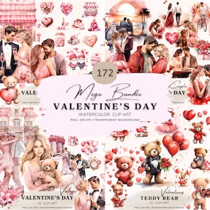 Puede incluir: Un conjunto de ilustraciones digitales de 172 imágenes de arte de clip de acuarela para el Día de San Valentín. El conjunto incluye parejas, osos de peluche, corazones, flores y otros elementos románticos. Las imágenes son perfectas para crear invitaciones, tarjetas y otras manualidades para el Día de San Valentín.