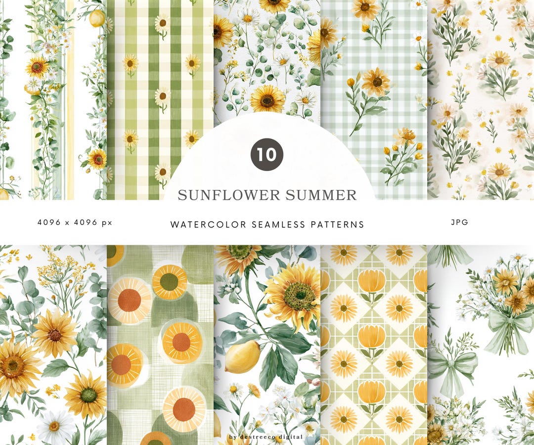 Sunflower Summer Watercolor Seamless Patterns, Cottagecore Floral ...