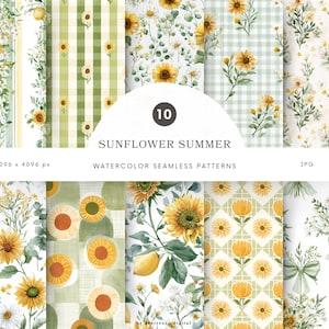 May include: Watercolor seamless patterns featuring sunflowers and other floral elements in shades of yellow, green, and white. The patterns include various designs, such as gingham, stripes, and floral arrangements. The text "Sunflower Summer" is also visible.