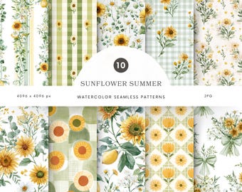 Patrones sin costuras de acuarela de girasoles de verano, papel digital floral estilo cottagecore (JPG) - P57