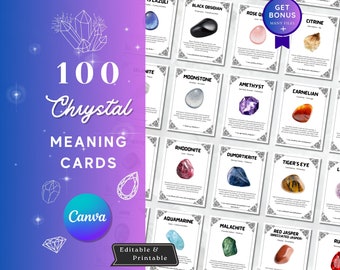 100 bearbeitbare Kristallbedeutungskarten, druckbare Edelsteinbedeutungskarten mit Bedeutung der Steine, digitale Kristallkarten