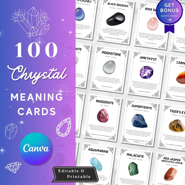 100 Editable Crystal Meaning Cards, Printable Gemstone Meaning Cards with Meaning of Stones, Digital Crystal Cards