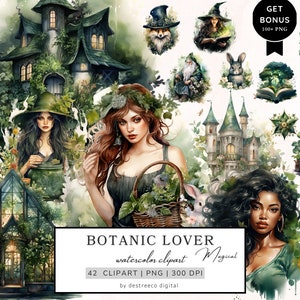 Clipart de amante botânico aquarela, clipart mágico, clipart botânico, clipart de bruxa, clipart de flores silvestres, clipart cottagecore, mídia mista