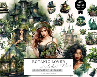 Watercolor Botanic Lover Clipart, Magical Clipart, Botanical Clipart, Witch Clipart, Wildflowers Clipart, Cottagecore Clipart, Mixed Media