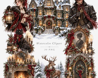 Gothic Christmas Watercolor Clipart, Victorian Manor PNG Bundle, Dark Holiday Art - 656