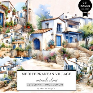 Pacchetto Clipart acquerello villaggio mediterraneo, clipart paesaggio, clipart villaggio, casa mediterranea Png, media misti, download digitale
