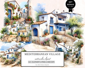 Aquarel mediterrane dorp clipart bundel, landschap clipart, dorp clipart, mediterrane huis PNG, mixed media, digitale download