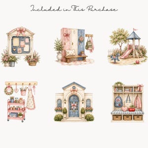 May include: A collection of six watercolor-style illustrations labeled Included in This Purchase. The set features a bulletin board, school lockers, a playground, a craft cart with supplies, a building entrance, and a storage bench with cubbies.