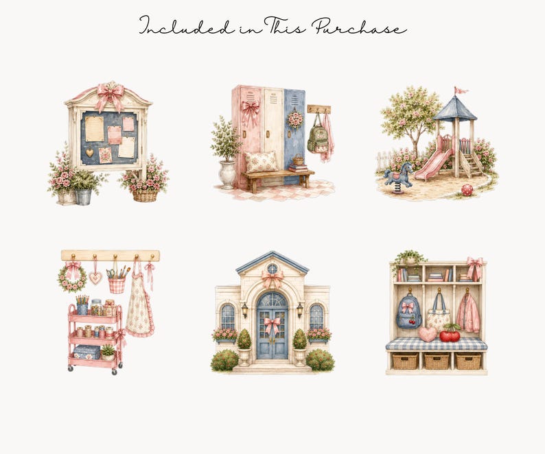 May include: A collection of six watercolor-style illustrations labeled Included in This Purchase. The set features a bulletin board, school lockers, a playground, a craft cart with supplies, a building entrance, and a storage bench with cubbies.