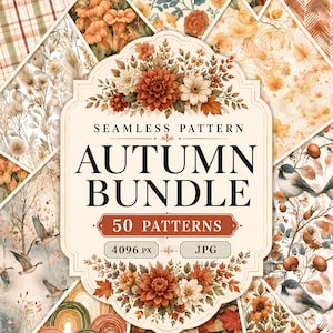 May include: A digital graphic display featuring a central label with the text SEAMLESS PATTERN AUTUMN BUNDLE 50 PATTERNS 4096 PX JPG, surrounded by a collage of various autumn-themed patterns including orange flowers, fall leaves, birds, and rainbows.