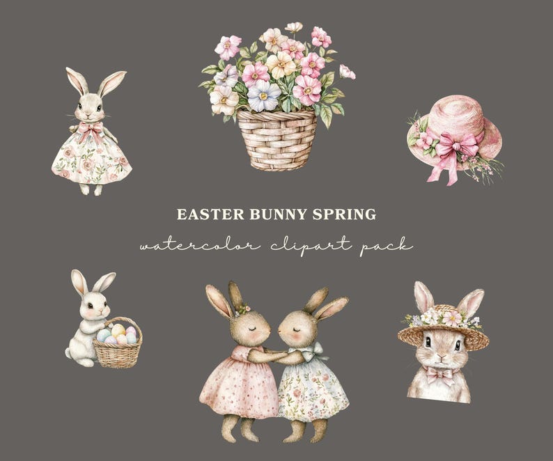 May include: Watercolor clipart pack featuring Easter bunnies, flowers, and a hat. The bunnies are in various poses, including holding Easter eggs and wearing dresses. The flowers are in a pot and the hat is pink with a bow.