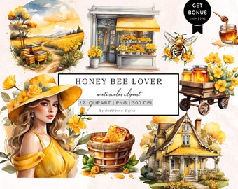 Watercolor Honey Bee Clipart Bundle, 12 Honey Lover Png Clipart, Honey Girl Clipart, Cottagecore Clipart, Honey Jar Png,Bee Graphics Digital