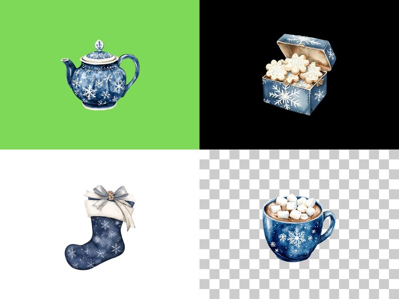 May include: Watercolor illustrations of winter holiday items. Includes a blue teapot with snowflake design, a box of snowflake cookies, a Christmas stocking with a bow, and a mug of hot chocolate with marshmallows.