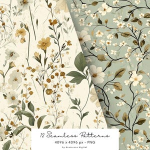 May include: A set of 12 seamless floral patterns in a vintage style. The patterns feature delicate white and yellow flowers with green leaves on a light background. The patterns are perfect for creating digital paper, scrapbooking, and other craft projects. 4096 x 4096 px - PNG by destreeco digital