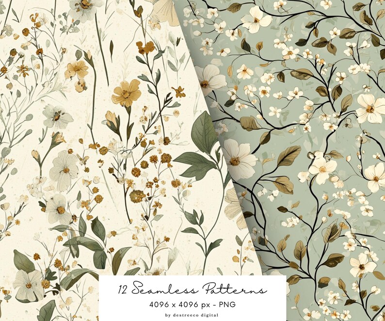 May include: A set of 12 seamless floral patterns in a vintage style. The patterns feature delicate white and yellow flowers with green leaves on a light background. The patterns are perfect for creating digital paper, scrapbooking, and other craft projects. 4096 x 4096 px - PNG by destreeco digital