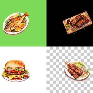 Puede incluir: Un plato blanco con un pescado a la parrilla, rodajas de lim&oacute;n y hierbas verdes. Un plato blanco con una hamburguesa, lechuga, tomate, cebolla y queso. Un plato blanco con brochetas de carne a la parrilla, lechuga, cebolla y perejil. Una tabla de cortar de madera con costillas a la parrilla, cebolla, tomate y un peque&ntilde;o taz&oacute;n de salsa.