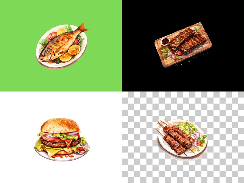 Puede incluir: Un plato blanco con un pescado a la parrilla, rodajas de lim&oacute;n y hierbas verdes. Un plato blanco con una hamburguesa, lechuga, tomate, cebolla y queso. Un plato blanco con brochetas de carne a la parrilla, lechuga, cebolla y perejil. Una tabla de cortar de madera con costillas a la parrilla, cebolla, tomate y un peque&ntilde;o taz&oacute;n de salsa.