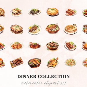 Puede incluir: Un conjunto de clipart de acuarela de 18 platos de cena diferentes. Los platos incluyen una variedad de cocinas, como pasta, pescado, pollo y verduras. El clipart es perfecto para usar en men&uacute;s, libros de recetas y otros proyectos de tem&aacute;tica culinaria.