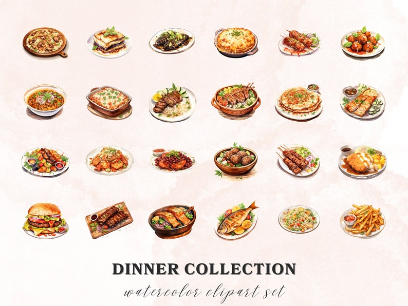 Puede incluir: Un conjunto de clipart de acuarela de 18 platos de cena diferentes. Los platos incluyen una variedad de cocinas, como pasta, pescado, pollo y verduras. El clipart es perfecto para usar en men&uacute;s, libros de recetas y otros proyectos de tem&aacute;tica culinaria.