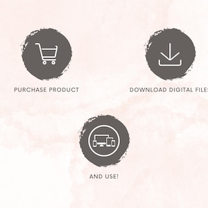 May include: A three-step guide to purchasing and using digital files. The first step is to purchase the product, represented by a shopping cart icon. The second step is to download the digital files, represented by a download arrow icon. The third step is to use the files, represented by a computer screen and two mobile phones.
