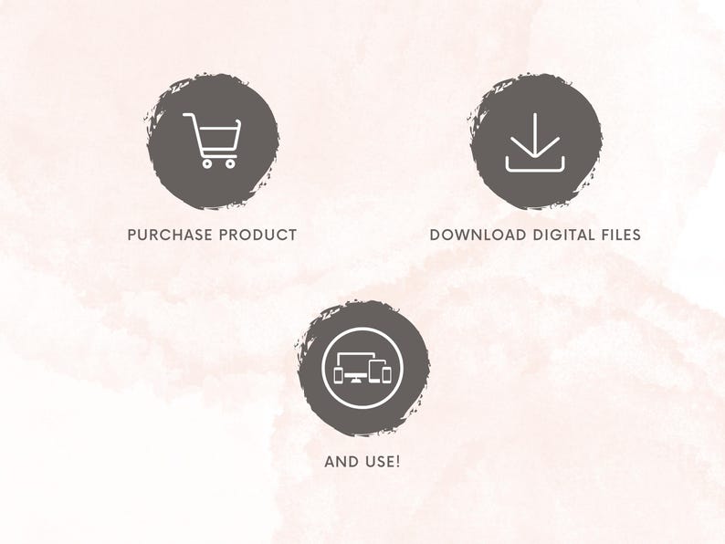 May include: A three-step guide to purchasing and using digital files. The first step is to purchase the product, represented by a shopping cart icon. The second step is to download the digital files, represented by a download arrow icon. The third step is to use the files, represented by a computer screen and two mobile phones.
