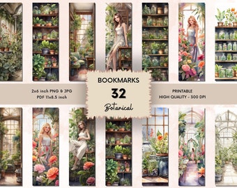 32 Botanical Printable Bookmarks, Bookmark Sheets, PNG Bookmark Sublimation, Watercolor Plant Bookmark, Print and Cut Bookmark Set, Download