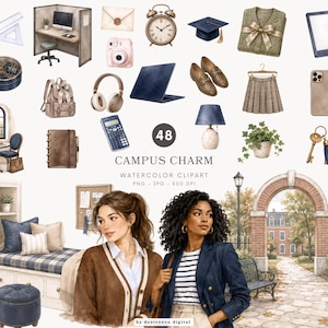May include: A collection of watercolor clipart featuring academic and campus-themed items including a desk, alarm clock, graduation cap, sweater, tablet, backpack, headphones, calculator, lamp, potted plant, keys, and two individuals in a campus setting.