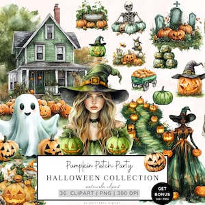 Puede incluir: Una colección de 36 imágenes de clipart de Halloween en acuarela con calabazas, fantasmas, brujas y una casa encantada. Las imágenes son perfectas para crear páginas de álbumes de recortes digitales, tarjetas y otras manualidades.