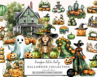 Akvarell Halloween Clipart, Pumpafält Png Bundle, Söt Höst Halloween Png, Höst Clipart, Spöke Clipart, Häxa, Halloween Grafik