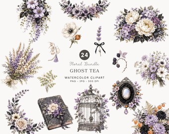Pacchetto di clipart floreali, Halloween ad acquerello PNG, fiori gotici, download digitale - 626