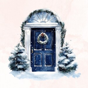 May include: Watercolor illustration of a navy blue front door with a white arched top, adorned with a wreath and garland. Snow-covered miniature evergreen trees flank the door, with falling snow adding a wintery touch. A festive holiday theme.