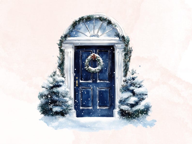 May include: Watercolor illustration of a navy blue front door with a white arched top, adorned with a wreath and garland. Snow-covered miniature evergreen trees flank the door, with falling snow adding a wintery touch. A festive holiday theme.