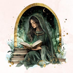 May include: A woman in a green hooded robe sits in a golden archway, reading a book with glowing pages. The background is a watercolor painting of a starry night sky.