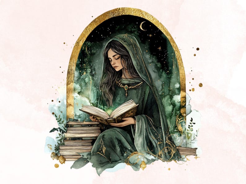 May include: A woman in a green hooded robe sits in a golden archway, reading a book with glowing pages. The background is a watercolor painting of a starry night sky.