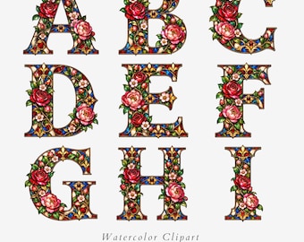 Stained Glass Floral Alphabet Clipart, Floral Monogram Letters, 26 Letter PNG Set - 663