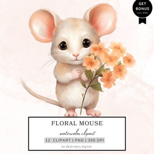 Süße Maus mit Blumen Clipart, Blumenmaus Png, Tiere Clipart, Kartenherstellung, Junk Journals, Mixed Media, Scrapbook, digitaler Download