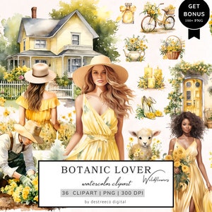 Aquarell Botanik Liebhaber Clipart, Frühling Clipart, Wildblumen Clipart, Botanische Clipart, Cottagecore Clipart, Pflanzen Dekor Png, Mixed Media