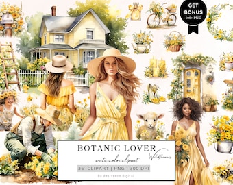 May include: A watercolor clipart set featuring a yellow house, flowers, a bicycle, a woman in a yellow dress, a lamb, and a woman with curly hair. The set includes 36 clipart images in PNG format at 300 DPI. The text "BOTANIC LOVER Wildflowers" is included in the image.