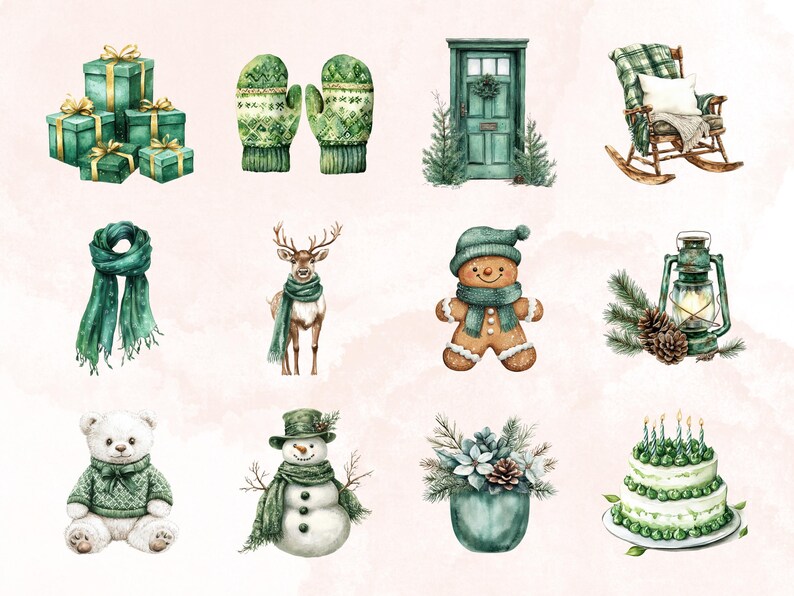 May include: A set of watercolor illustrations featuring various winter and holiday themed elements, including a snowman, a gingerbread person, a reindeer, a rocking chair, a lantern, a cake, a potted plant, a door, mittens, and a scarf.